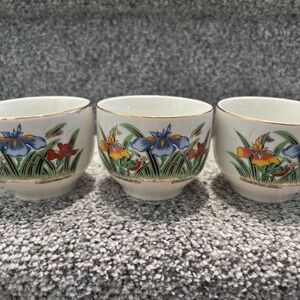 Vintage Sake Cups, Lot of 3. Made in Japan, Bird w/ Flowers design